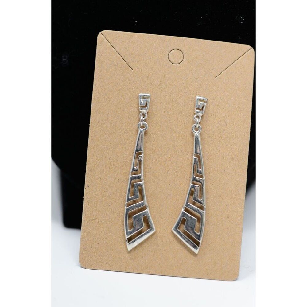 Sterling Silver 925 Greek Key Geometric Dangle Earrings